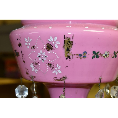 655 - A VICTORIAN PINK GLASS LUSTRE WITH CLEAR CUT GLASS DROPPERS, gilt wavy rim above white enamel and gi... 