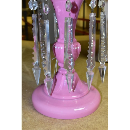 655 - A VICTORIAN PINK GLASS LUSTRE WITH CLEAR CUT GLASS DROPPERS, gilt wavy rim above white enamel and gi... 