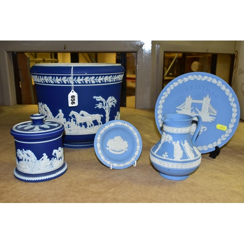 656 - THREE PIECES OF WEDGWOOD PALE BLUE JASPERWARE AND TWO PIECES OF ADAMS DARK BLUE JASPERWARE STYLE, co... 