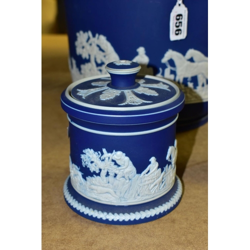 656 - THREE PIECES OF WEDGWOOD PALE BLUE JASPERWARE AND TWO PIECES OF ADAMS DARK BLUE JASPERWARE STYLE, co... 