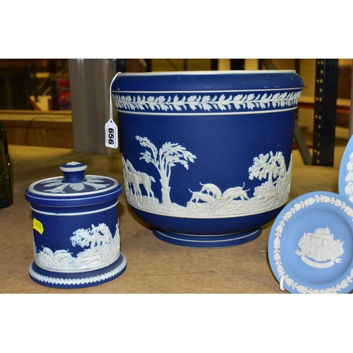 656 - THREE PIECES OF WEDGWOOD PALE BLUE JASPERWARE AND TWO PIECES OF ADAMS DARK BLUE JASPERWARE STYLE, co... 