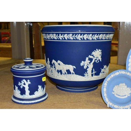 656 - THREE PIECES OF WEDGWOOD PALE BLUE JASPERWARE AND TWO PIECES OF ADAMS DARK BLUE JASPERWARE STYLE, co... 