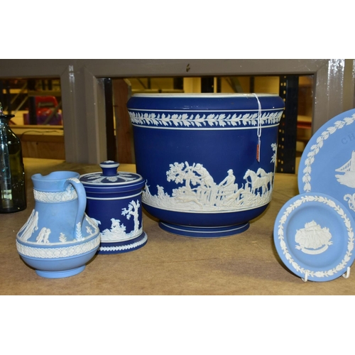 656 - THREE PIECES OF WEDGWOOD PALE BLUE JASPERWARE AND TWO PIECES OF ADAMS DARK BLUE JASPERWARE STYLE, co... 