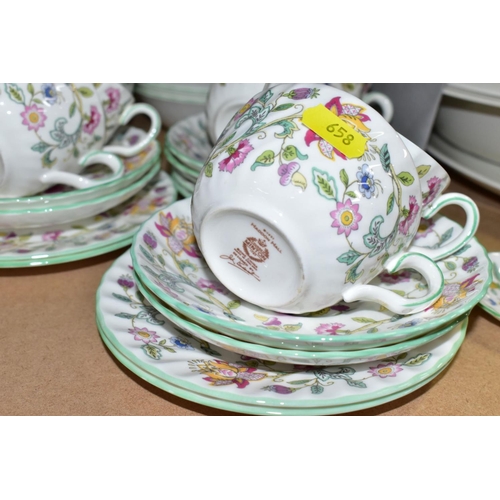 658 - A MINTON 'HADDON HALL' PATTERN PART DINNER SERVICE, ETC, comprising teapot and cover, milk jug, suga... 