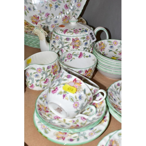 658 - A MINTON 'HADDON HALL' PATTERN PART DINNER SERVICE, ETC, comprising teapot and cover, milk jug, suga... 