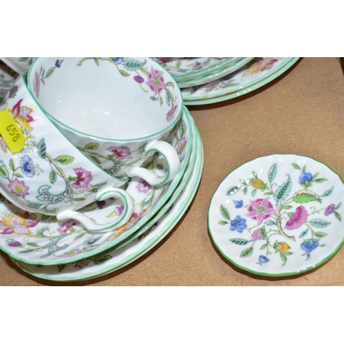 658 - A MINTON 'HADDON HALL' PATTERN PART DINNER SERVICE, ETC, comprising teapot and cover, milk jug, suga... 