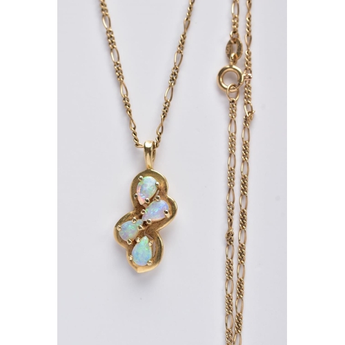 66 - A MODERN FOUR STONE OPAL PENDANT, pendant stamped '14k', together with a Figaro link chain, measurin... 