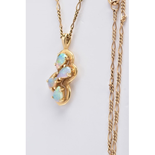 66 - A MODERN FOUR STONE OPAL PENDANT, pendant stamped '14k', together with a Figaro link chain, measurin... 