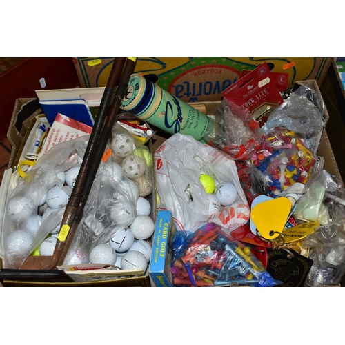 665 - THREE BOXES OF SPORTING RELATED EQUIPMENT AND BOOKS, ETC, including golf balls, tees, Moor Hall Golf... 