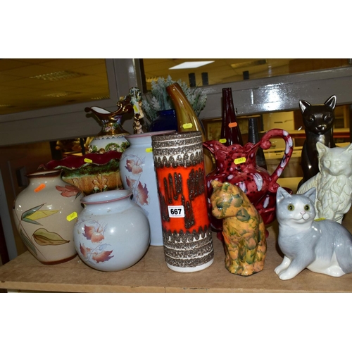 667 - A GROUP OF MODERN CERAMICS, GLASSWARE, BRONZED RESIN FIGURES, ETC, including three Denby vases, thre... 