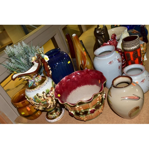 667 - A GROUP OF MODERN CERAMICS, GLASSWARE, BRONZED RESIN FIGURES, ETC, including three Denby vases, thre... 