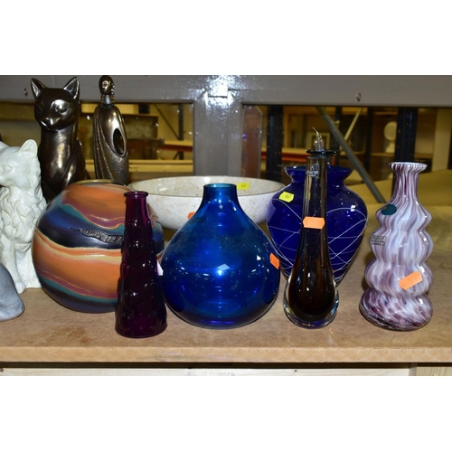 667 - A GROUP OF MODERN CERAMICS, GLASSWARE, BRONZED RESIN FIGURES, ETC, including three Denby vases, thre... 