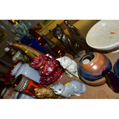 667 - A GROUP OF MODERN CERAMICS, GLASSWARE, BRONZED RESIN FIGURES, ETC, including three Denby vases, thre... 