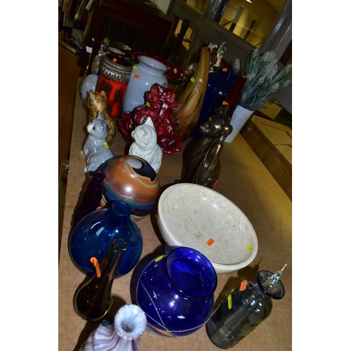 667 - A GROUP OF MODERN CERAMICS, GLASSWARE, BRONZED RESIN FIGURES, ETC, including three Denby vases, thre... 