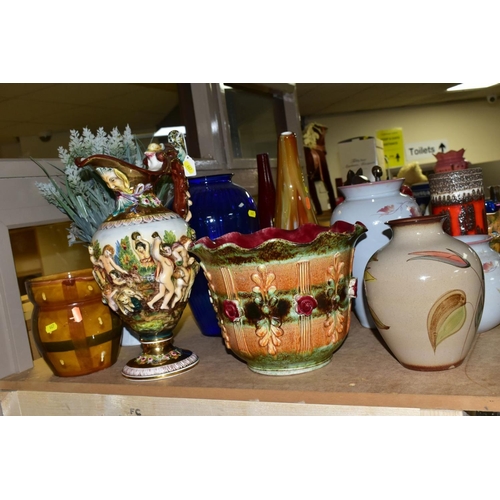 667 - A GROUP OF MODERN CERAMICS, GLASSWARE, BRONZED RESIN FIGURES, ETC, including three Denby vases, thre... 