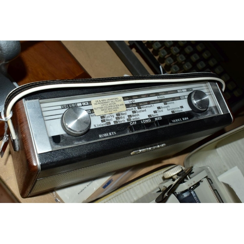 669 - A GROUP OF RADIO'S, TYPEWRITERS, CAMERAS, ETC, including a Roberts R404 radio with envelope of opera... 