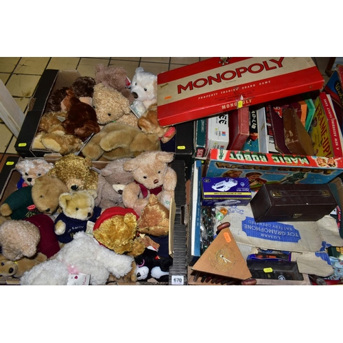 670 - FOUR BOXES OF SOFT TOYS, BOARD GAMES, DIE CAST VEHICLES, including St.Giles Hospice and other bears,... 