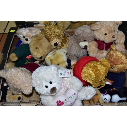 670 - FOUR BOXES OF SOFT TOYS, BOARD GAMES, DIE CAST VEHICLES, including St.Giles Hospice and other bears,... 