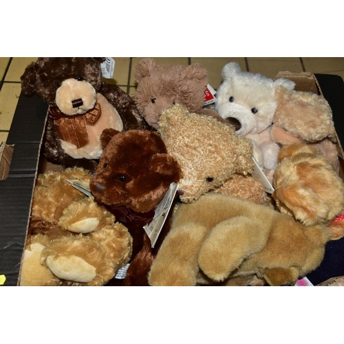 670 - FOUR BOXES OF SOFT TOYS, BOARD GAMES, DIE CAST VEHICLES, including St.Giles Hospice and other bears,... 