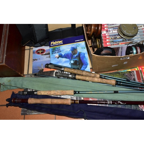 673 - FISHING EQUIPMENT, to include three Alan Pearson Boron fly fishing rods, Shakespeare nymph fly rod, ... 