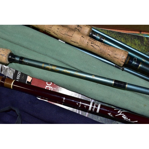 673 - FISHING EQUIPMENT, to include three Alan Pearson Boron fly fishing rods, Shakespeare nymph fly rod, ... 