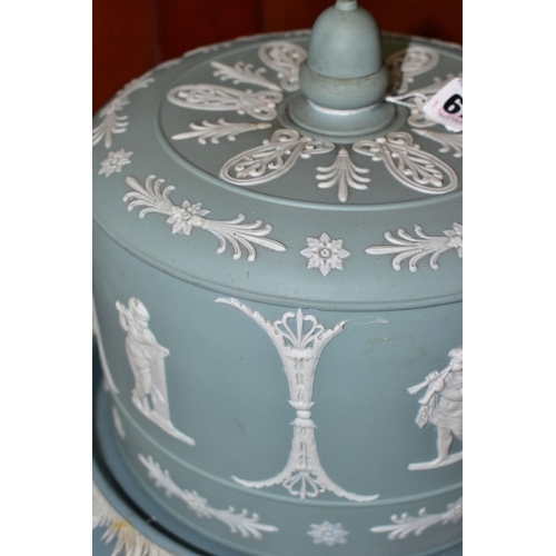 676 - A JASPERWARE CHEESE DOME, the cover decorated with cherubs and repeat classical patterns, the base h... 