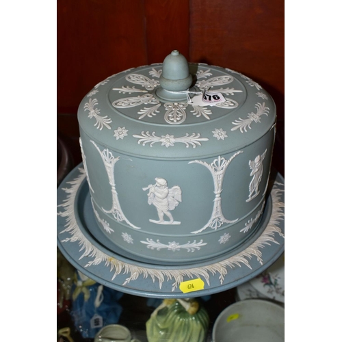 676 - A JASPERWARE CHEESE DOME, the cover decorated with cherubs and repeat classical patterns, the base h... 