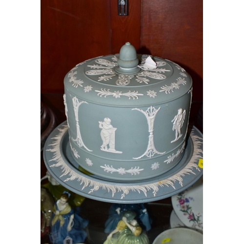 676 - A JASPERWARE CHEESE DOME, the cover decorated with cherubs and repeat classical patterns, the base h... 