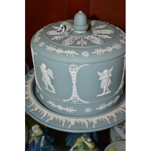 676 - A JASPERWARE CHEESE DOME, the cover decorated with cherubs and repeat classical patterns, the base h... 