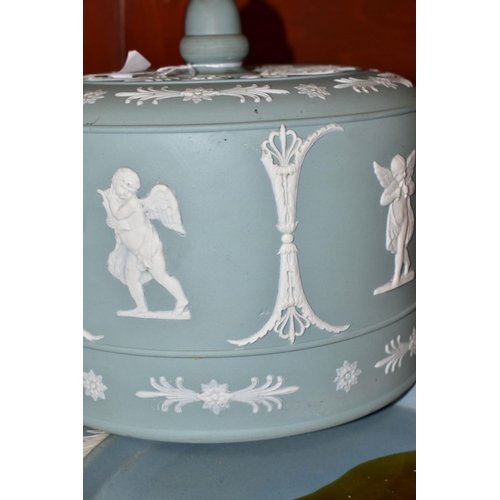 676 - A JASPERWARE CHEESE DOME, the cover decorated with cherubs and repeat classical patterns, the base h... 