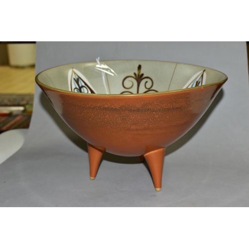 679 - A DENBY HAND PAINTED FREESTONE FOOTED FRUIT BOWL, height approximately 17cm, diameter 27cm, possibly... 