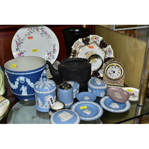 684 - CERAMICS to include blue jasper ware trinkets, etc, Wedgwood Clio clock, black basalt teapot with im... 