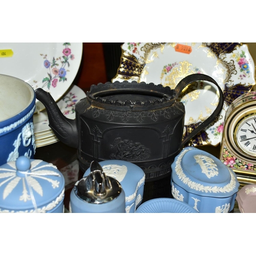 684 - CERAMICS to include blue jasper ware trinkets, etc, Wedgwood Clio clock, black basalt teapot with im... 