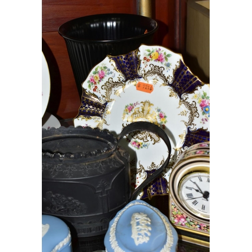 684 - CERAMICS to include blue jasper ware trinkets, etc, Wedgwood Clio clock, black basalt teapot with im... 