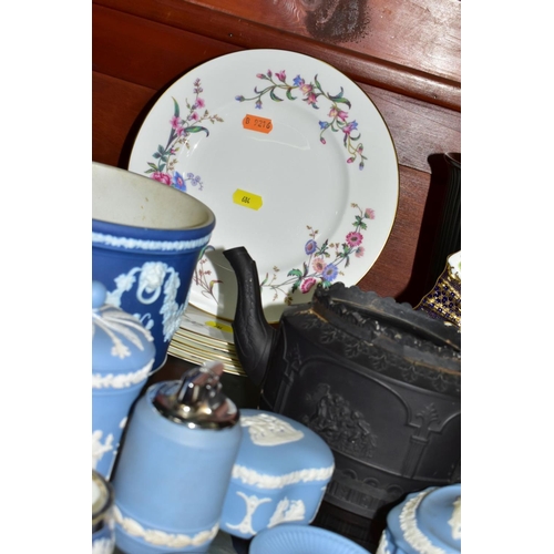 684 - CERAMICS to include blue jasper ware trinkets, etc, Wedgwood Clio clock, black basalt teapot with im... 