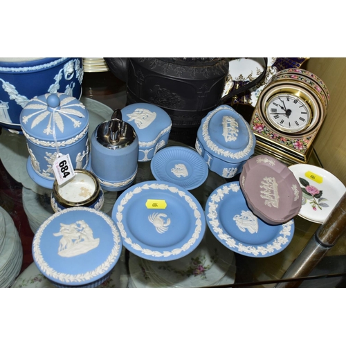 684 - CERAMICS to include blue jasper ware trinkets, etc, Wedgwood Clio clock, black basalt teapot with im... 