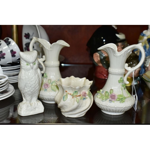 686 - BELLEEK PORCLEAIN comprising a near pair of Aberdeen pitcher shaped vases, pink rose and shamrock de... 