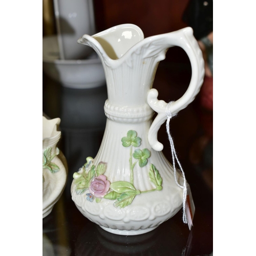 686 - BELLEEK PORCLEAIN comprising a near pair of Aberdeen pitcher shaped vases, pink rose and shamrock de... 