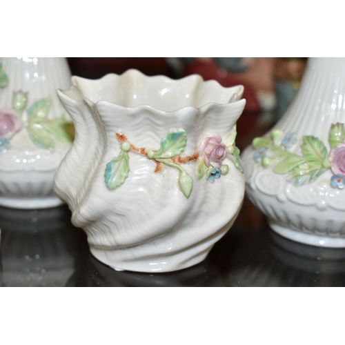 686 - BELLEEK PORCLEAIN comprising a near pair of Aberdeen pitcher shaped vases, pink rose and shamrock de... 