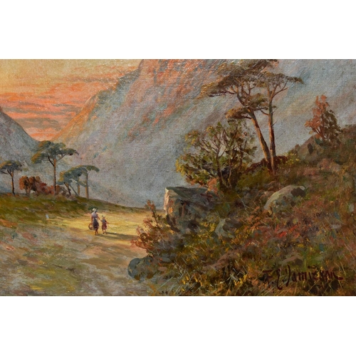 690 - FRANCIS E.JAMIESON (1895-1950) 'OLD ROAD, GLENCOE', figures walking along a road in a mountainous Sc... 