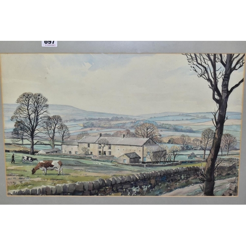 697 - WALTER HORSNELL (1911-1997) a rural landscape with farm buildings to the mid distance, signed bottom... 