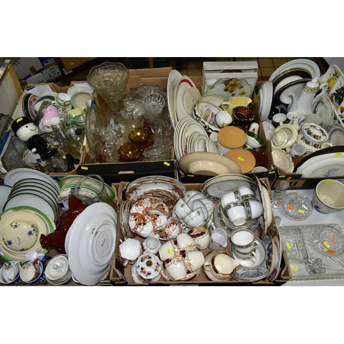 703 - SIX BOXES AND LOOSE CERAMICS AND GLASSWARE, including assorted early 20th Century part tea sets, two... 