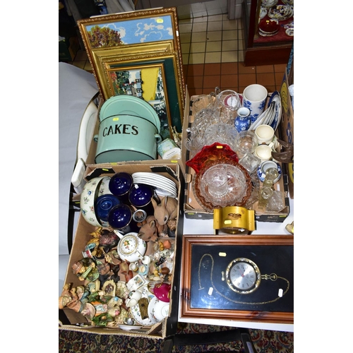 704 - THREE BOXES AND LOOSE FIGURAL AND ANIMAL ORNAMENTS, GLASSWARE, CLOCKS, ETC, including a vintage gree... 