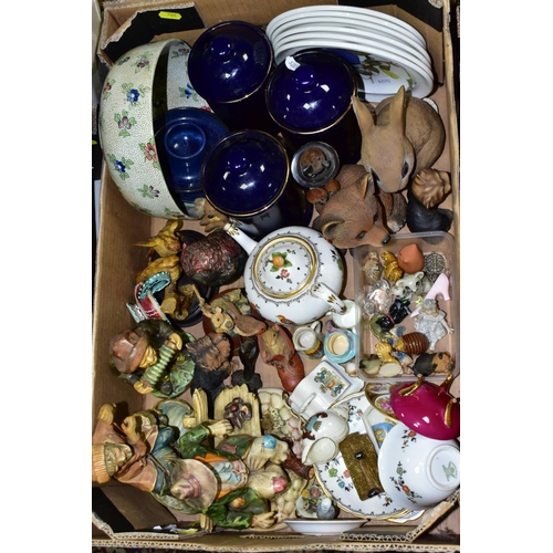 704 - THREE BOXES AND LOOSE FIGURAL AND ANIMAL ORNAMENTS, GLASSWARE, CLOCKS, ETC, including a vintage gree... 