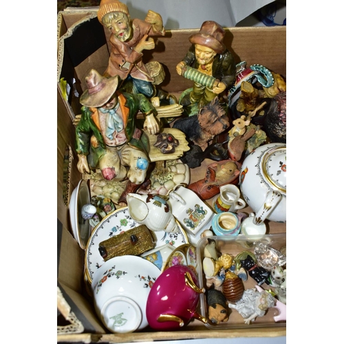 704 - THREE BOXES AND LOOSE FIGURAL AND ANIMAL ORNAMENTS, GLASSWARE, CLOCKS, ETC, including a vintage gree... 