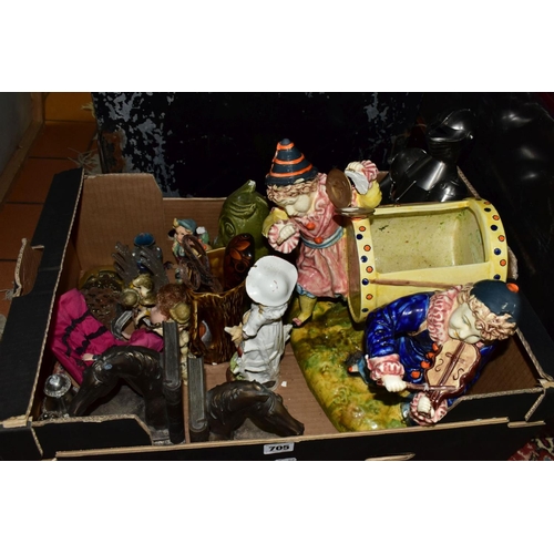 705 - A QUANTITY OF COLLECTABLES, CERAMICS AND SUNDRIES, in three boxes, chest, tin trunk, etc, including ... 