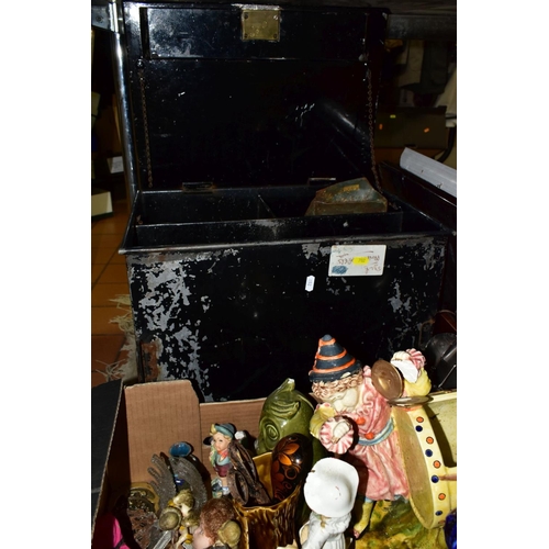 705 - A QUANTITY OF COLLECTABLES, CERAMICS AND SUNDRIES, in three boxes, chest, tin trunk, etc, including ... 