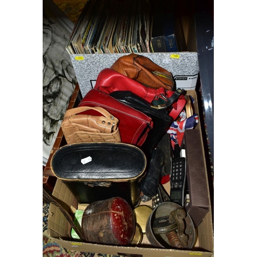 705 - A QUANTITY OF COLLECTABLES, CERAMICS AND SUNDRIES, in three boxes, chest, tin trunk, etc, including ... 