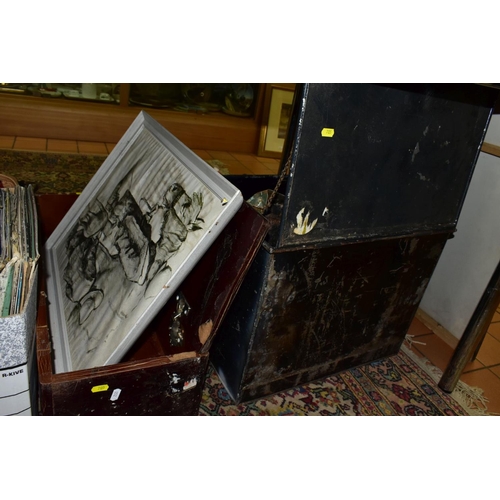 705 - A QUANTITY OF COLLECTABLES, CERAMICS AND SUNDRIES, in three boxes, chest, tin trunk, etc, including ... 