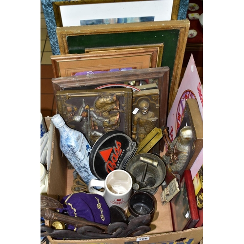 706 - A BOX OF METALWARES, REPLICA ADVERTISING ITEMS, ETC, including a pestle and mortar, Guinness Stout t... 